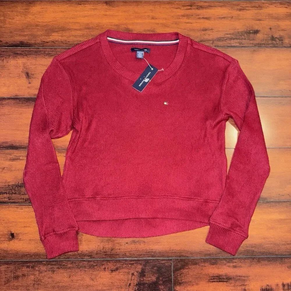 NWT Tommy Hilfiger Red Rib-Knit Lounge Comfort Sweatshirt Womens Size XS